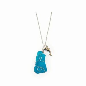 Ocean Blue Wire-Wrapped Pendant Necklace with Dolphin Charm 925 Sterling Silver
